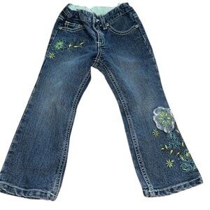 Pumpkin Patch Girls Embroidered Denim Jeans Size 3 Adjustable Waist Floral Desig